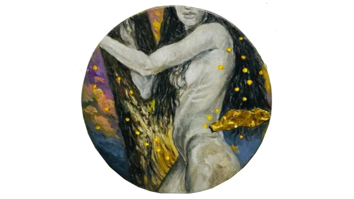 DANCE WITH THE SKIES, 7.5 diameter, oil and aluminum sheets on canvas, 2026
