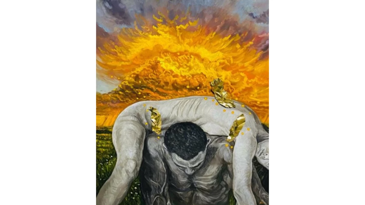 LET ME CARRY YOU WITH ALL MY MIGHT, 32x24 inches, oil and aluminum sheets on canvas, 2026