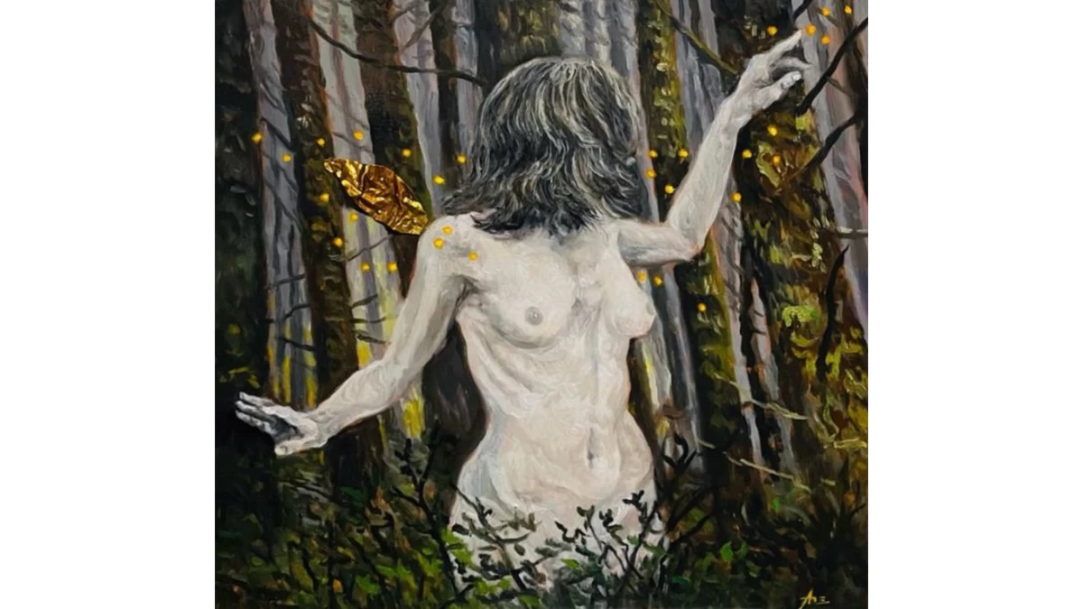 THE FOREST TELLS US MANY SECRETS, 16x16 inches, oil and aluminum sheets on canvas, 2026
