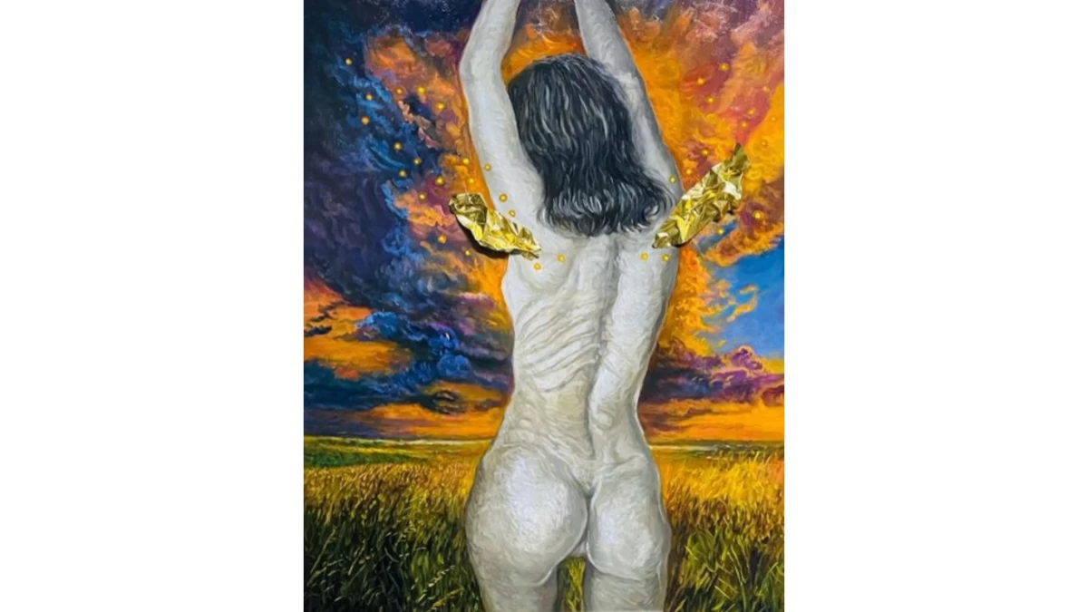 HEAVEN'S EMBRACE, 32x24 inches, oil and aluminum sheets on canvas, 2026