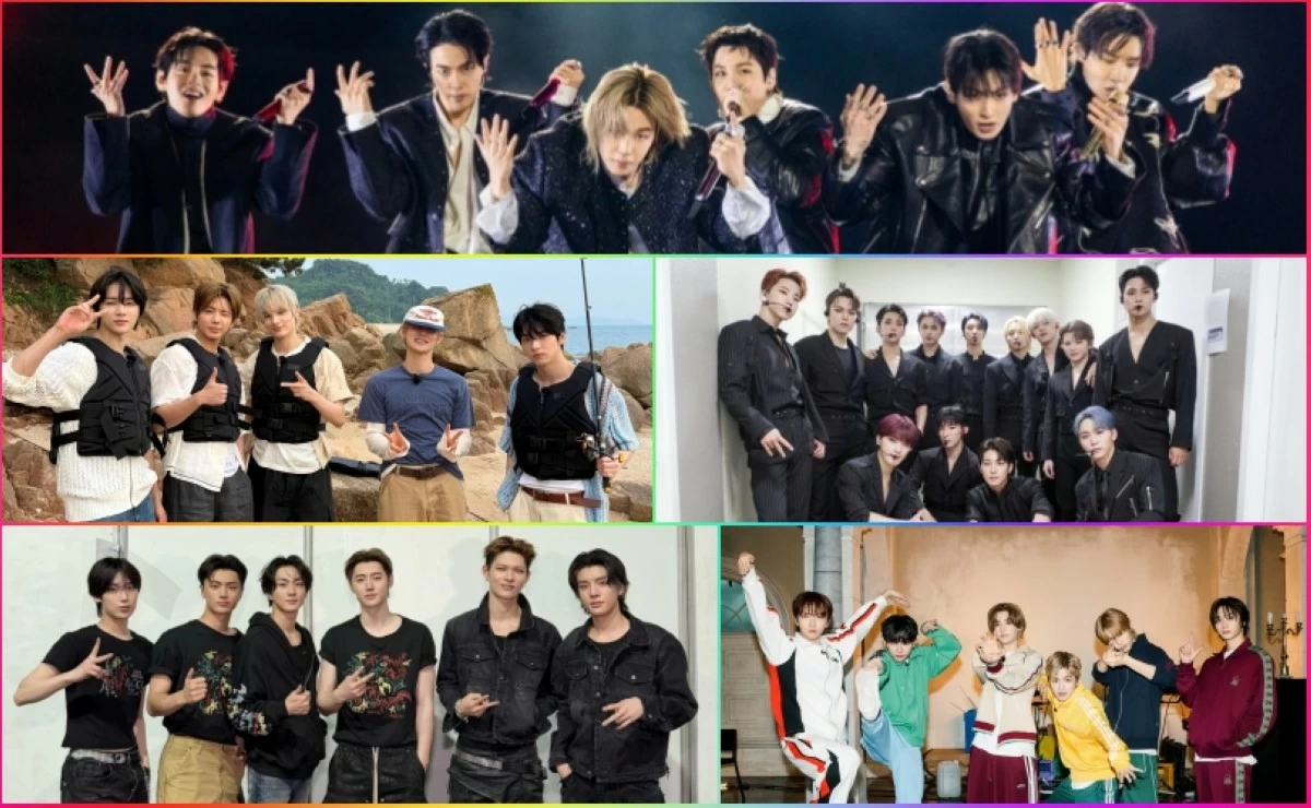 (Clockwise from top) BTS, Seventeen, BOYNEXTDOOR, ENHYPEN and Tomorrow X Together (Instagram, X, Weverse) 