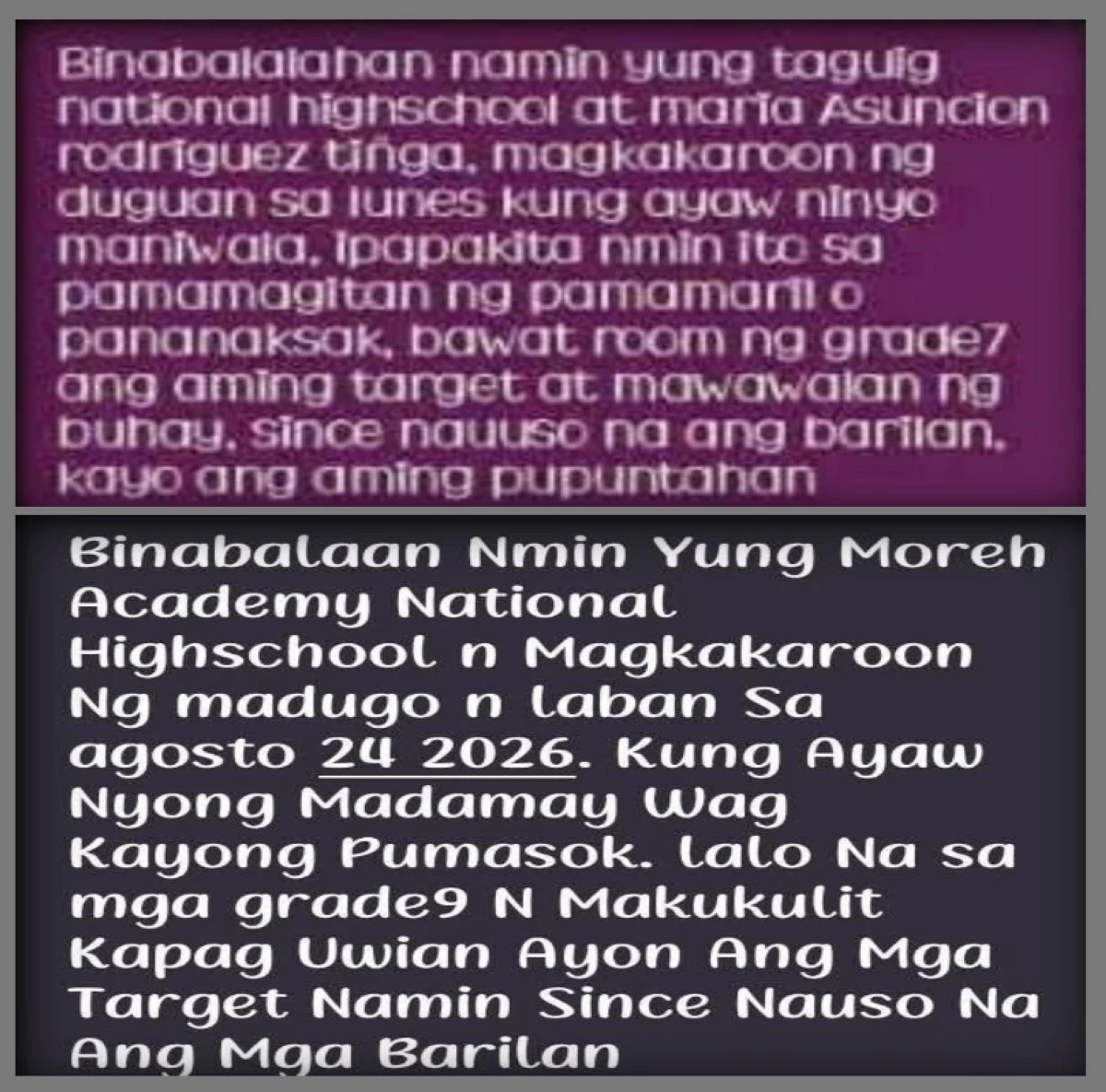 The online threats targeting Taguig National High School and Maria Asuncion Rodriguez Tiñga High School (top) and Moreh Academy Taguig (Photos from Facebook users Jen, Dez Erene)