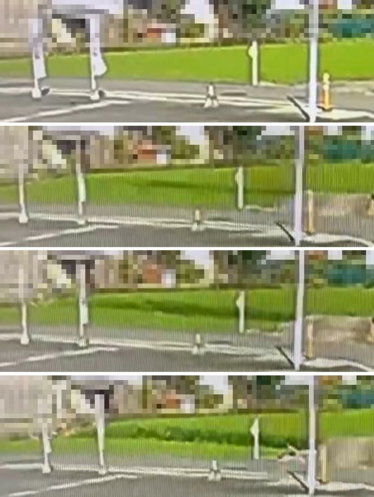 Edited stills from security camera footage in Yatsushiro, Kumamoto Prefecture, show the moment when a fault appeared on the ground surface during an earthquake. (Courtesy of a local resident)