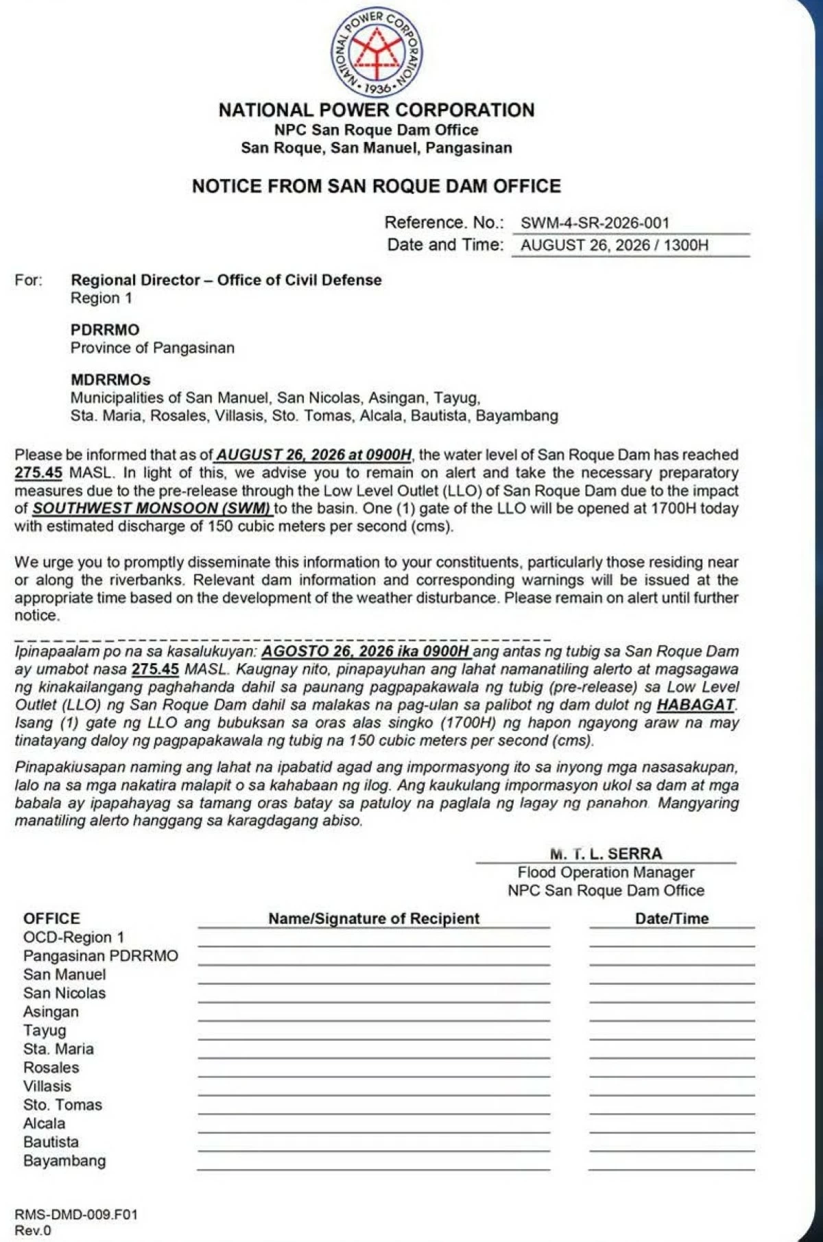 The advisory from the National Power Corporation, San Roque Dam Office 
