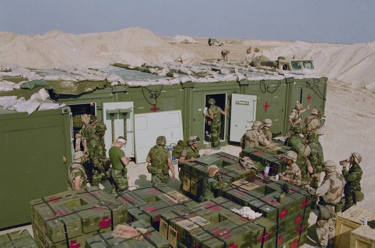 A U.S. Marine field hospital is set up in the Saudi Arabian Desert on Jan. 17, 1991, as part of Operation Desert Storm. (AP Photo/Mikami, File)