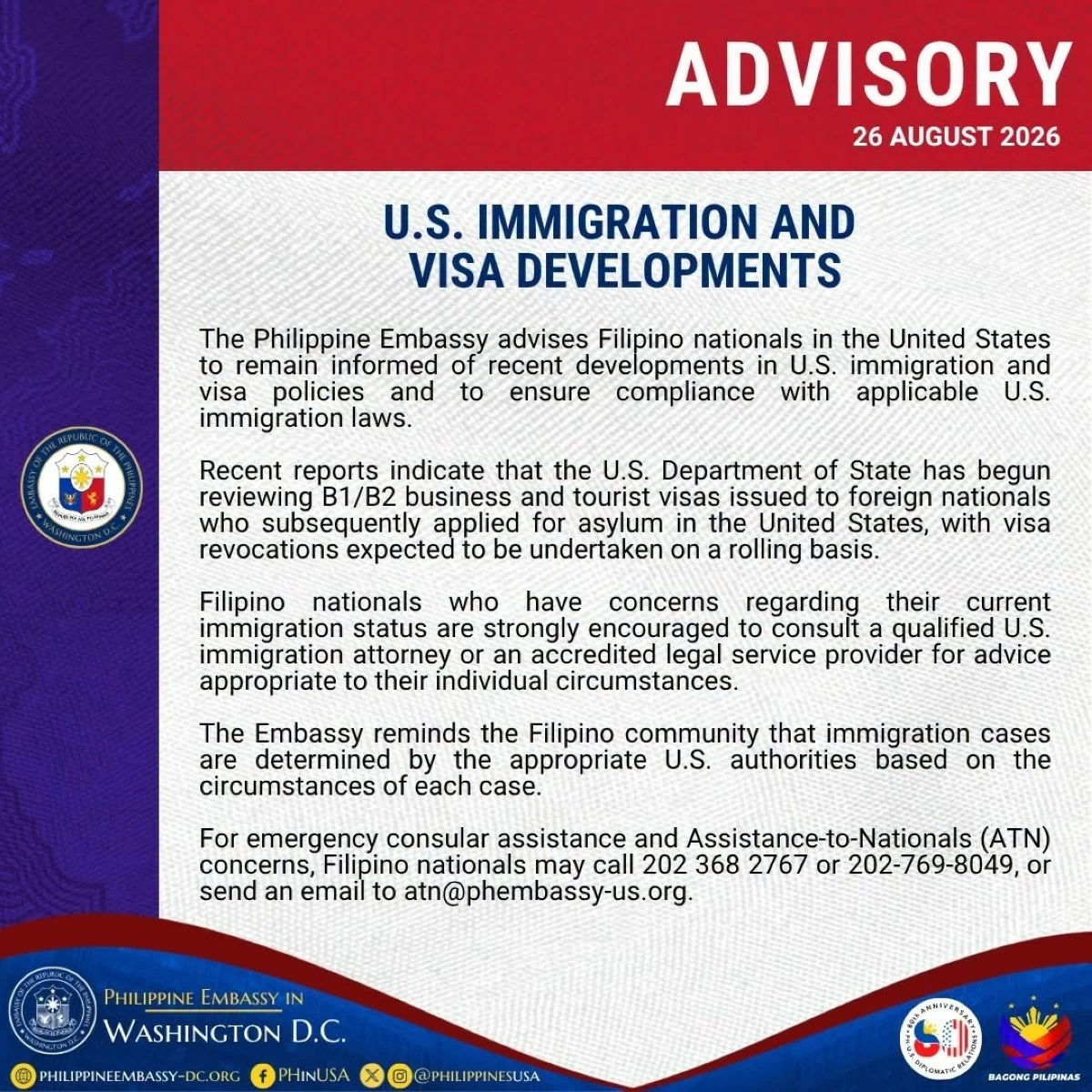 Filipinos in US urged to stay updated on visa reviews, immigration policy developments