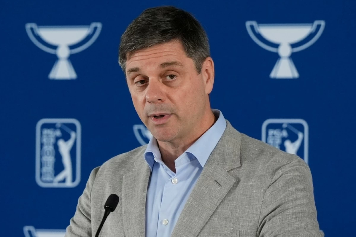 FILE - PGA Tour CEO Brian Rolapp speaks before a practice round of the Tour Championship golf tournament, Wednesday, Aug. 20, 2025, in Atlanta. (AP Photo/Mike Stewart, File)