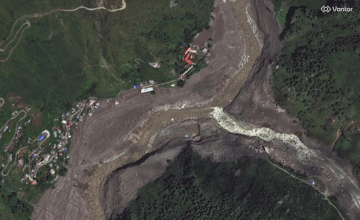 This satellite image provided by Vantor shows destruction at Syapru Besi, Nepal on Thursday, Aug. 27, 2026. (Satellite image ©2026 Vantor via AP)