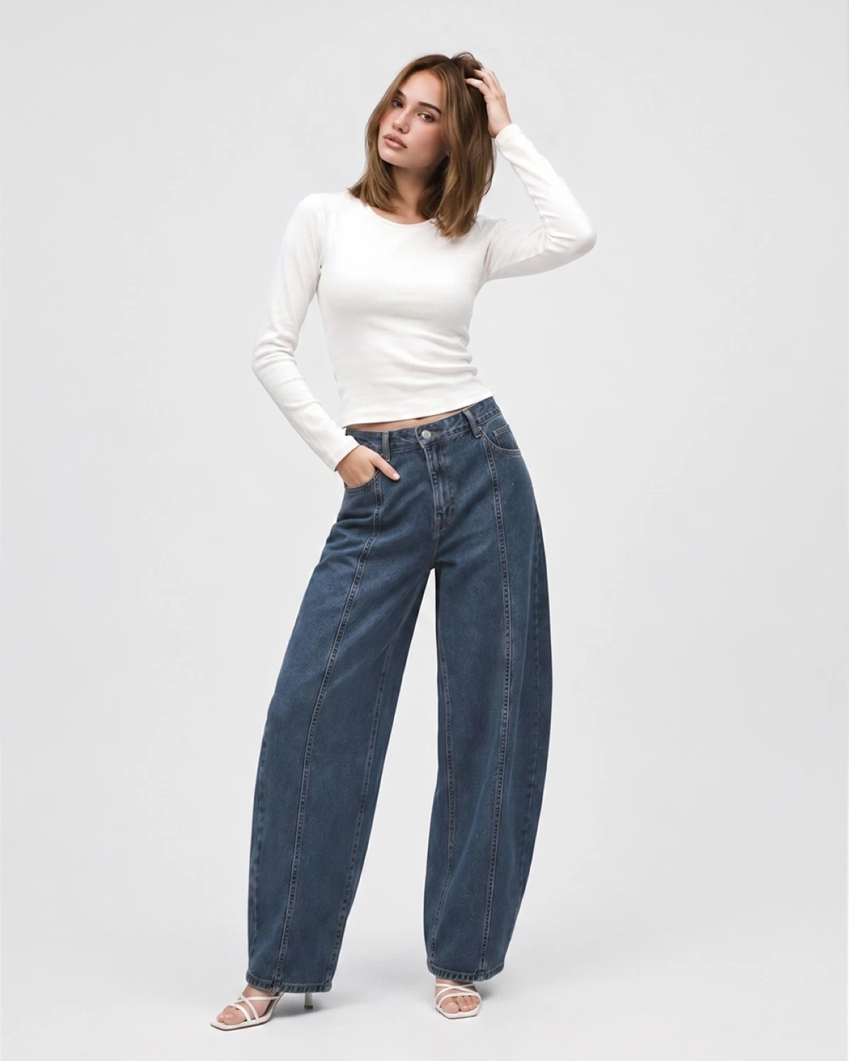 Paneled Medium-Wash Barrel Jeans styled with a Cotton Knit Long Sleeve Top