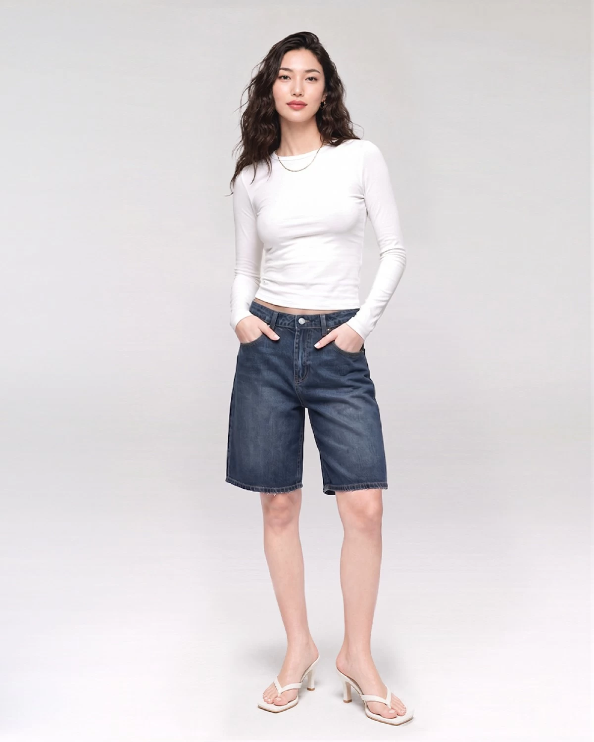 Dark-Wash Denim Bermuda Shorts paired with a Soft Jersey Slim Fit Top