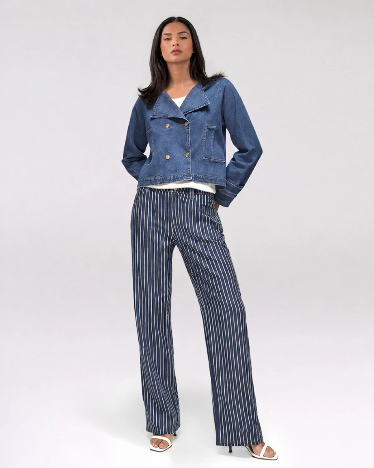 Striped Wide-Leg Denim Jeans paired with a Semi-Cropped Denim Trench Jacket