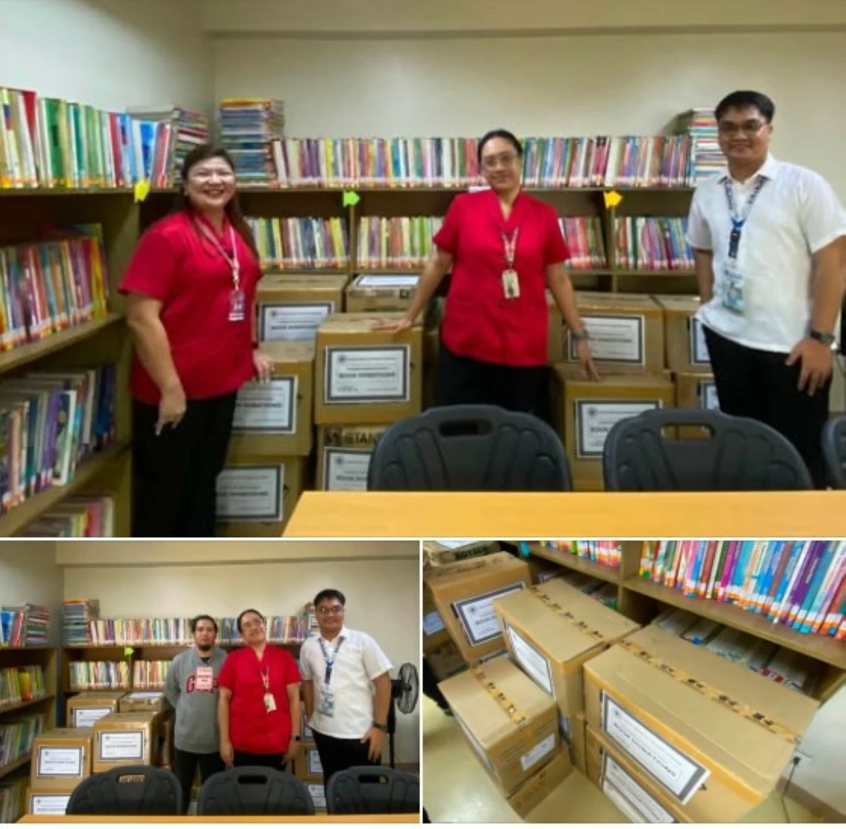 Mr. Joshua Mabanglo of Binangonan e-library and museum (right) receives the donation of books from representatives of Child Jesus of Prague School (red uniform) (photo from Binangonan Municipal 3-library and museum)