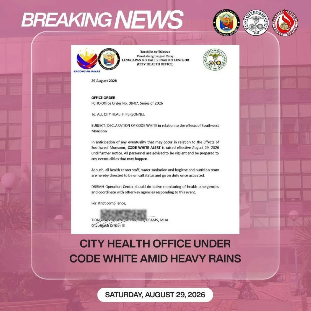 Pasay City Health Office raises Code White, placing health personnel on standby amid continuing Habagat rains. (Photo from Pasay PIO)