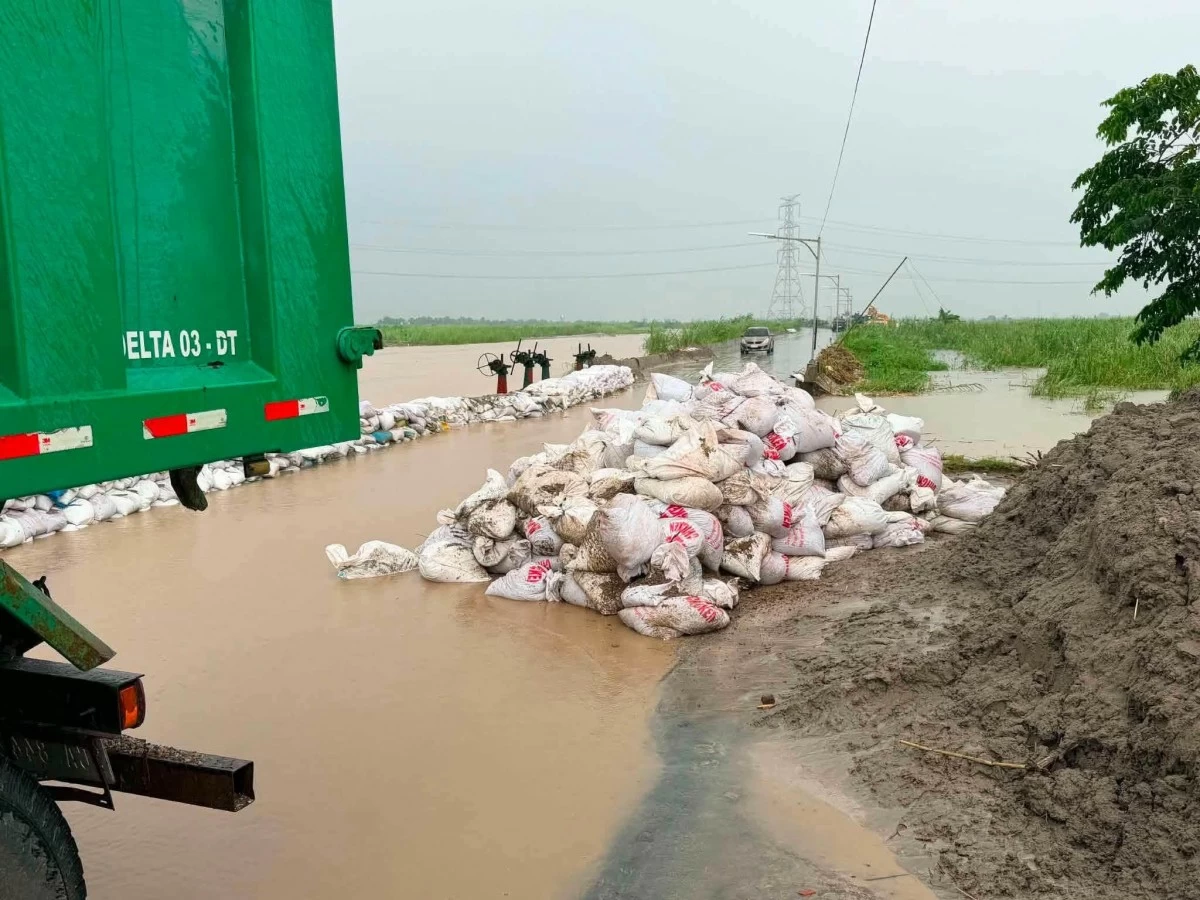 SAND-BAGGING OPERATION — Workers reinforce a damaged portion of the tail dike in Minalin, Pampanga as the provincial government moves to protect nearby communities from possible flooding. (Photo courtesy of Tarlac City Government via Liezle Inigo)