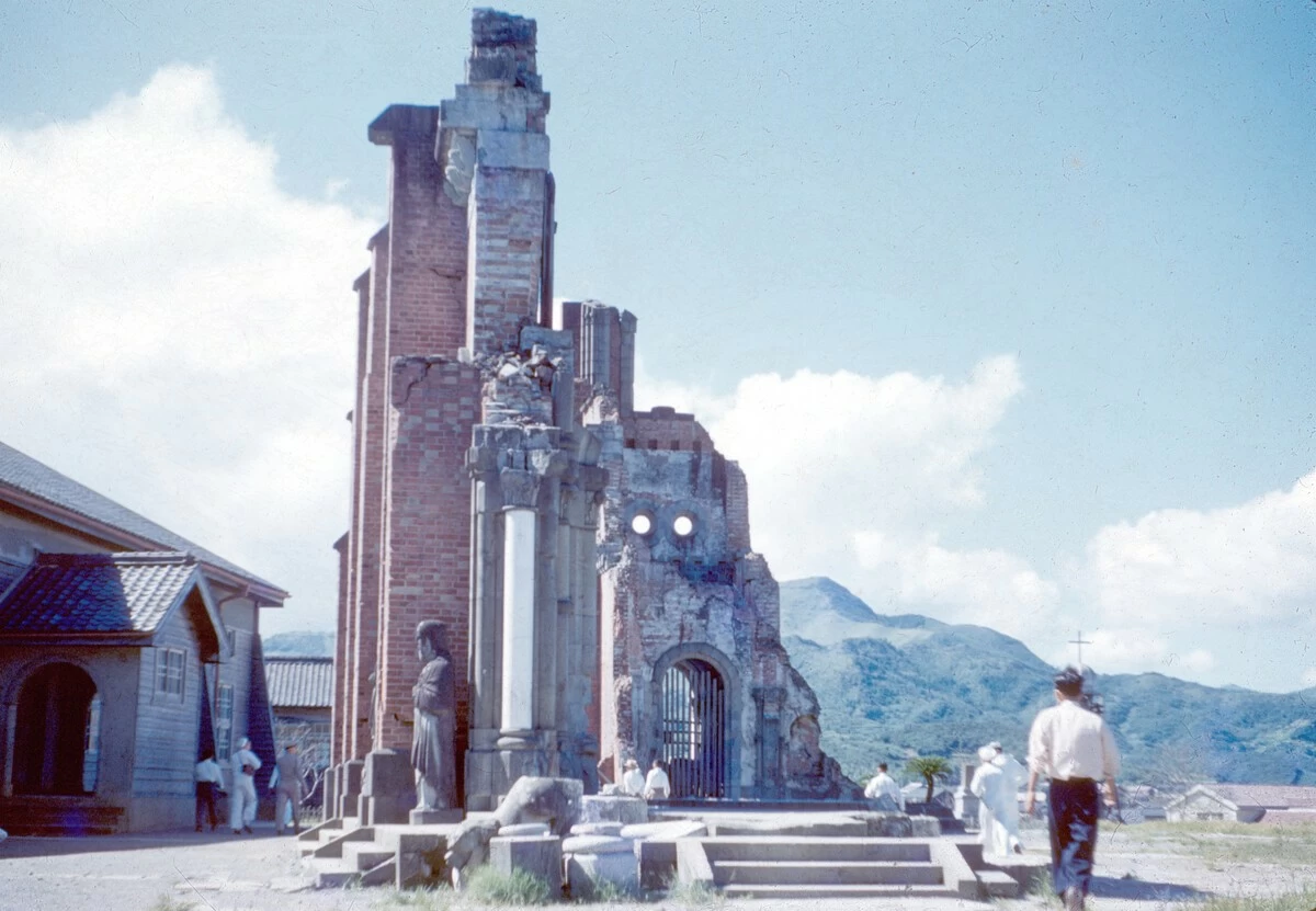 Ruins of Urakami Cathedral, heavily damaged in the 1945 atomic bombing of Nagasaki, are seen in a photograph believed to have been taken in 1955. (Exact date and photographer unknown. Courtesy of Fujio Chiba)