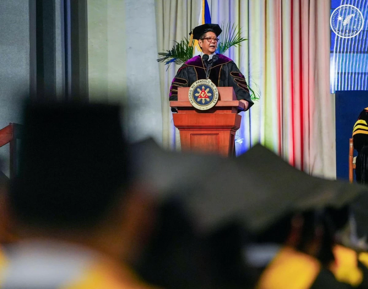 President Ferdinand R. Marcos Jr. delivers a speech during the Pamantasan ng Lungsod ng Maynila's 58th Commencement Exercises at the Philippine International Convention Center in Pasay City on Aug. 27, 2026. (PCO)