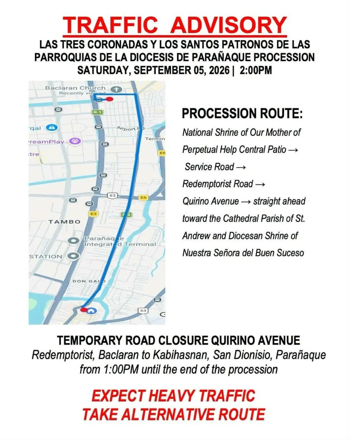 Quirino Avenue will be temporarily closed on Sept. 5 for a religious procession. (Photo courtesy of Parañaque PIO)
