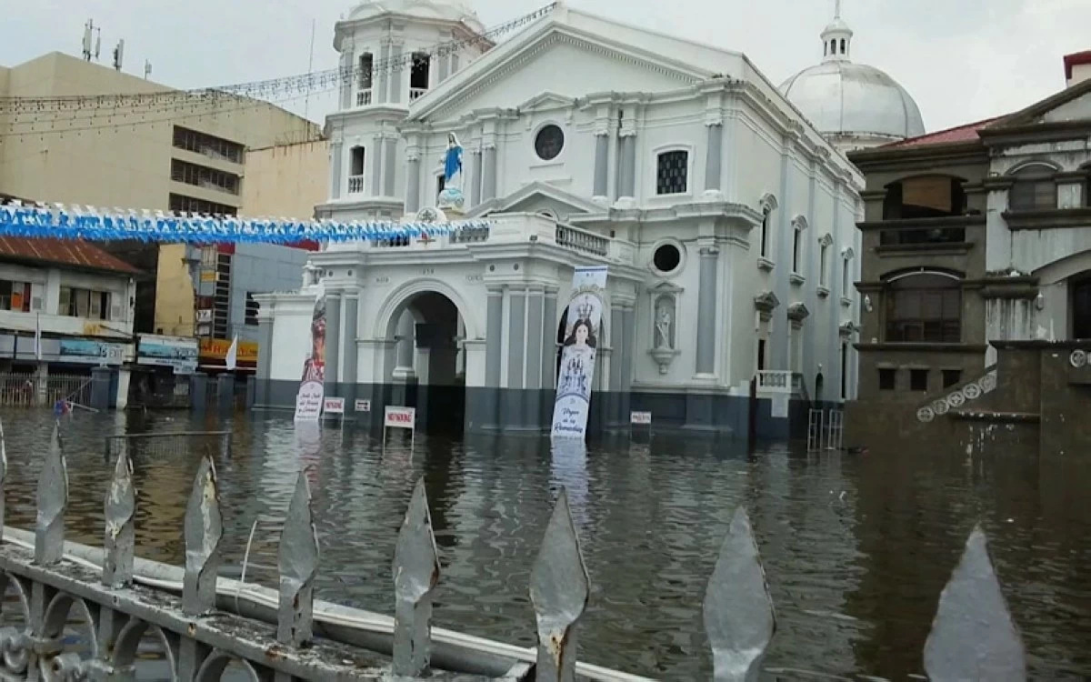 Floodwaters were below knee-deep around the cathedral and city hall areas in San Fernando, Pampanga, on Aug. 31, 2026. (Photo courtesy of CPOSCO via Liezle Iñigo)