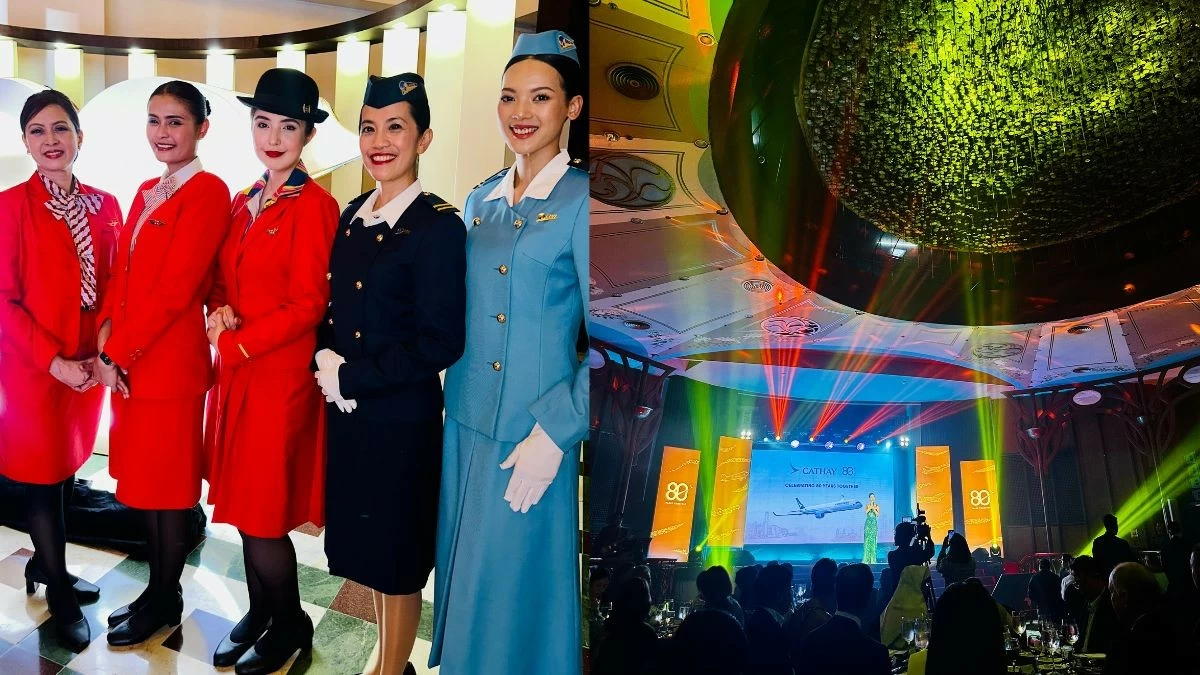 Cathay Pacific’s cabin crew uniforms through the decades, alongside the Maynila Ballroom at The Manila Hotel, where the airline celebrated its 80th anniversary. (Photo: Rey Ilagan/Manila Bulletin)