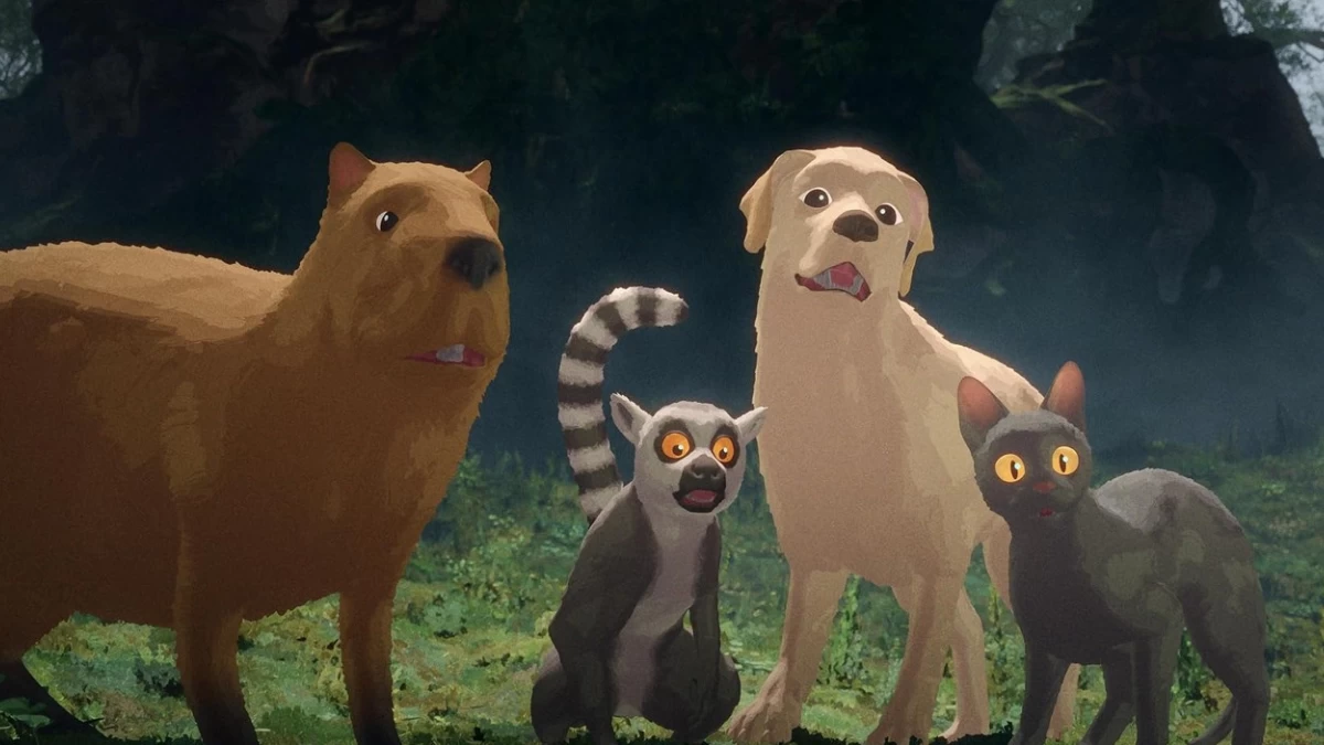 Joining the cat on its long journey are a capybara, a ring-tailed lemur, and a Labrador Retriever dog