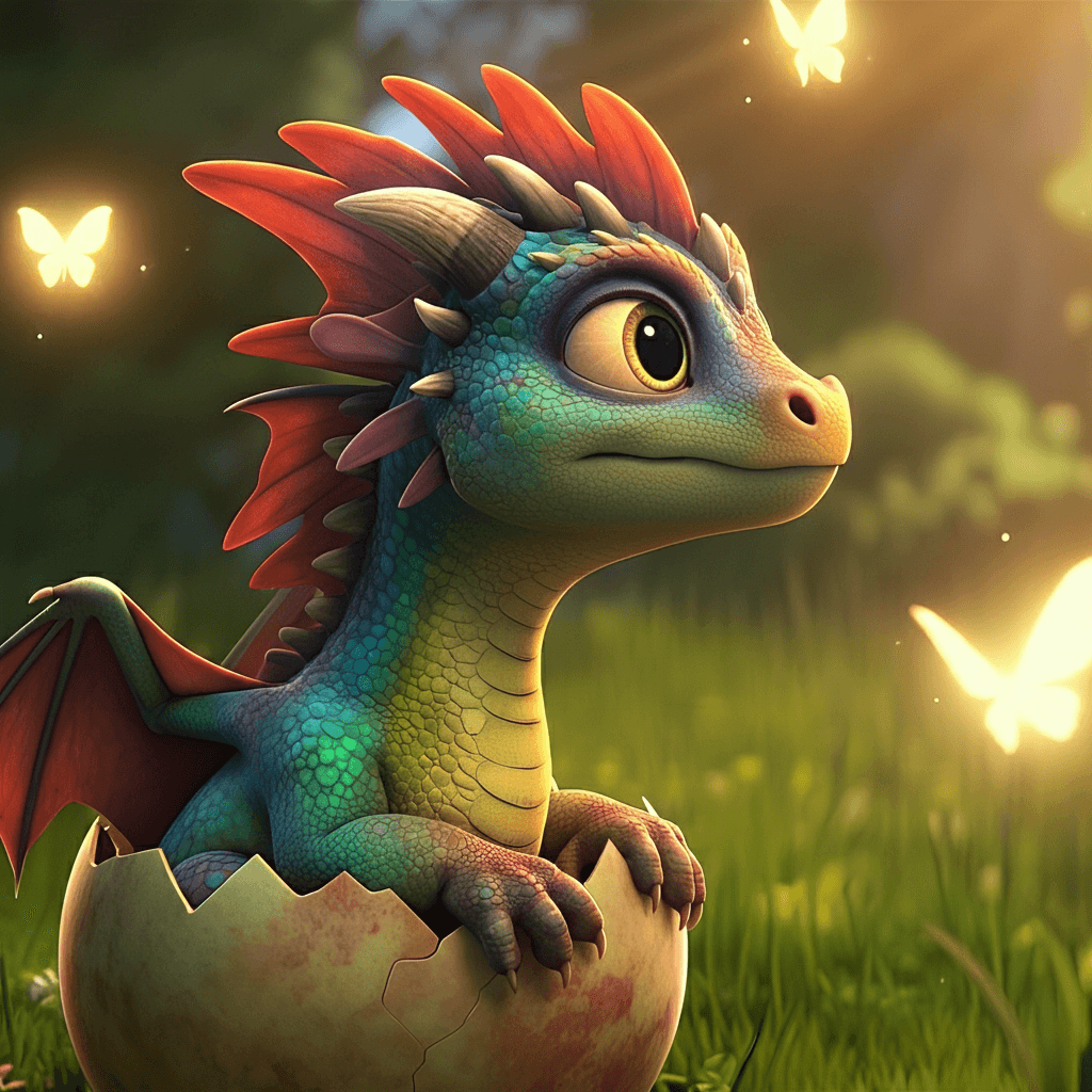 Ananimatedimageofatinydragonhatchingfromanegginasunlitmeadow,surroundedbycuriousglowingbutterflies.Vibrantcolors,detailedscales.png