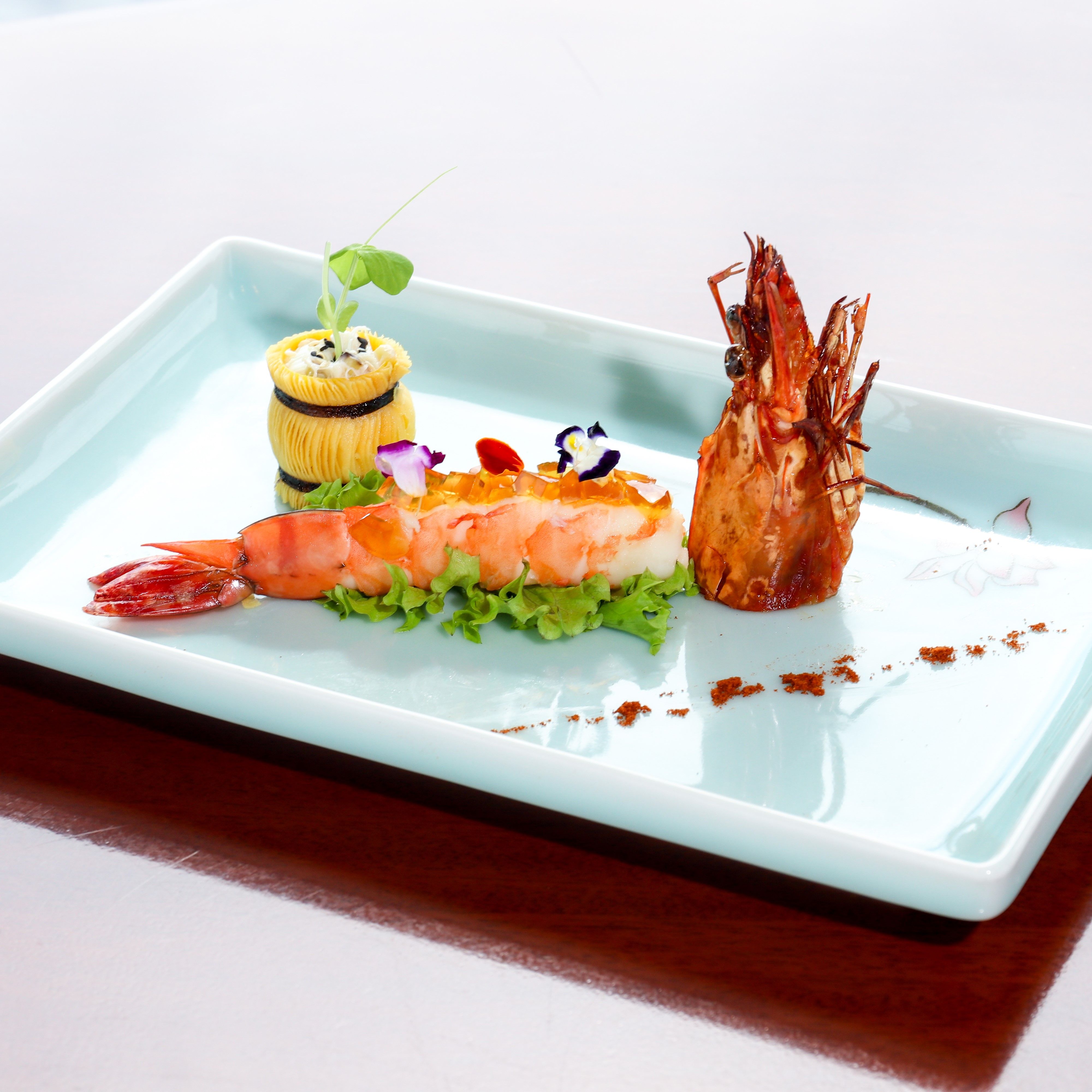 Appetizer - Marinated crab meat with avocado with crispy puff roll and Marinated sweet plum drunken king prawn.jpg