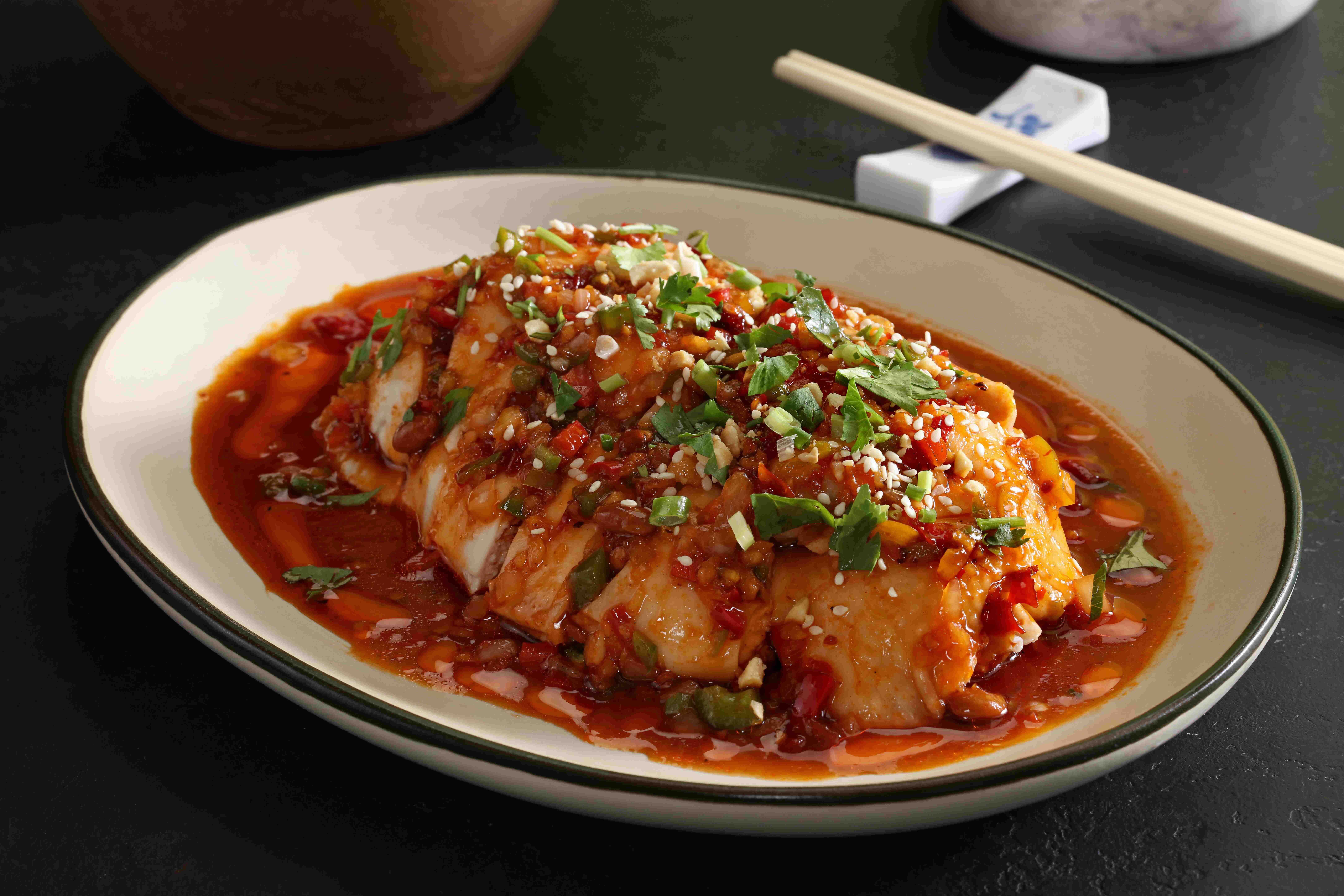 Poached chicken, ‘Sichuan’ chili vinaigrette.jpeg