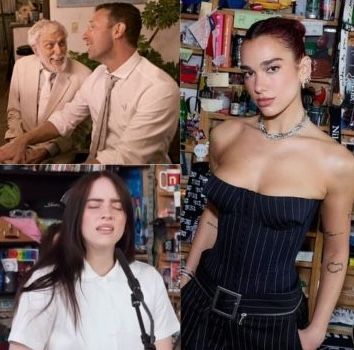 composite photo from top Dick Van Dyke Chris Martin Dua Lipa Billie Eilish.jpg