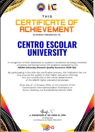 CEU receives Certificate of Achievement by CHED